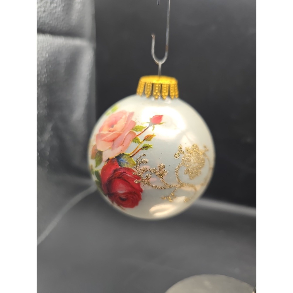 Krebs Christmas Glass Ornament West Germany Roses Gold Glitter Floral Vintage